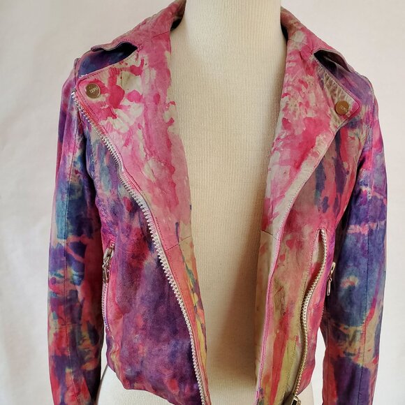 Leather Motorcycle biker Jacket graffiti painted pink purple red blue XS 0 2 4 6 - Picture 7 of 11